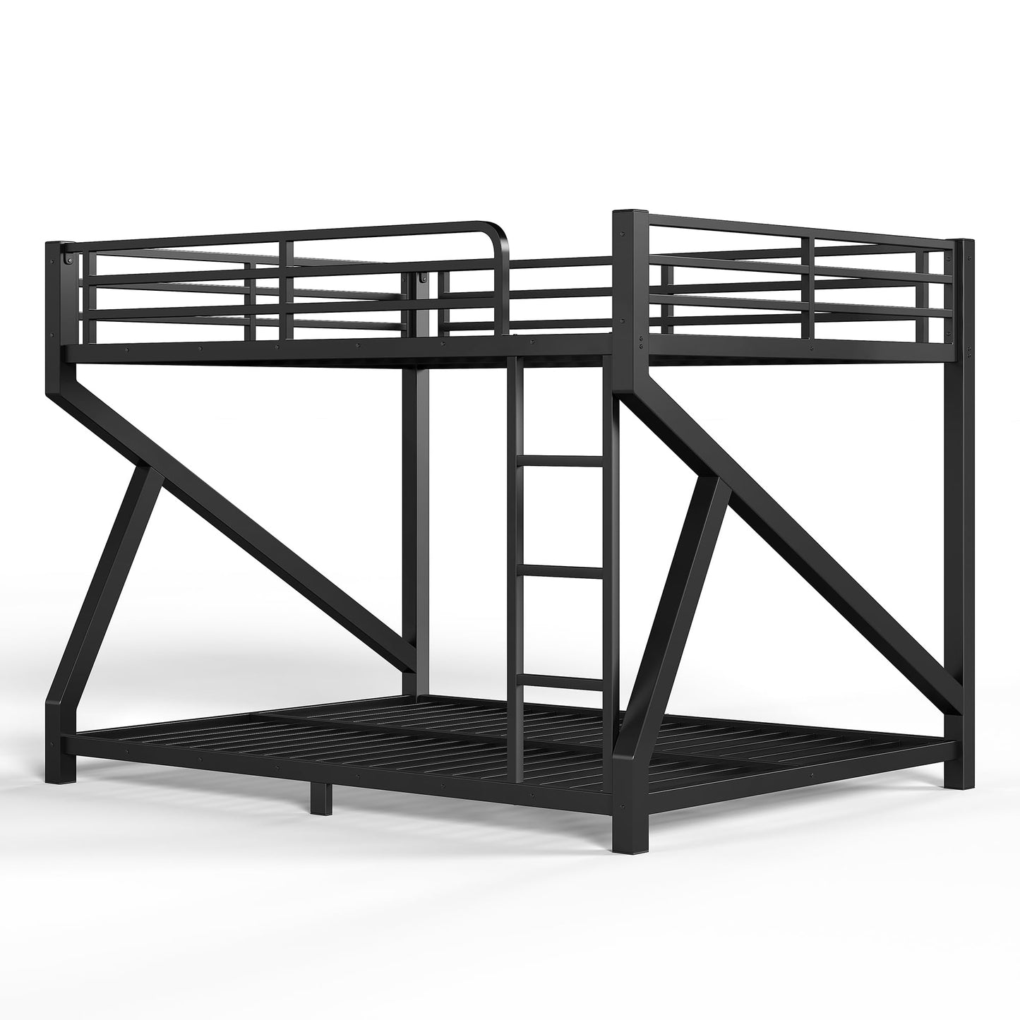 Bellemave Queen Over Queen Metal Bunk Bed,Low Profile Floor Bunk Bed Frame with Angled Ladder, Heavy Duty & Noise-Free Design for Kids, Teens & Adults, Black