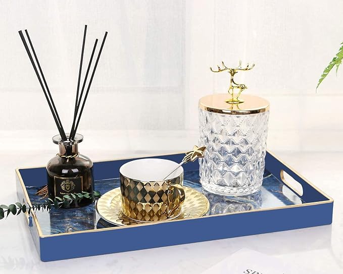 Plastic Serving and Decorative Tray with Handles for Ottoman, Coffee Table, Bathroom Vanity, Blue Marble Rectangular Tray for Countertop and Kitchen, 15.6 x 10.2 Inches