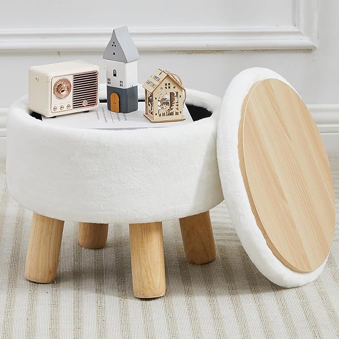 Small Foot Stool Ottoman with Storage, Soft Faux Fur Ottoman Foot Rest for Couch, Round Footstool with Storage, Small Ottomans and Footstools for Living Room and Entryway (White)