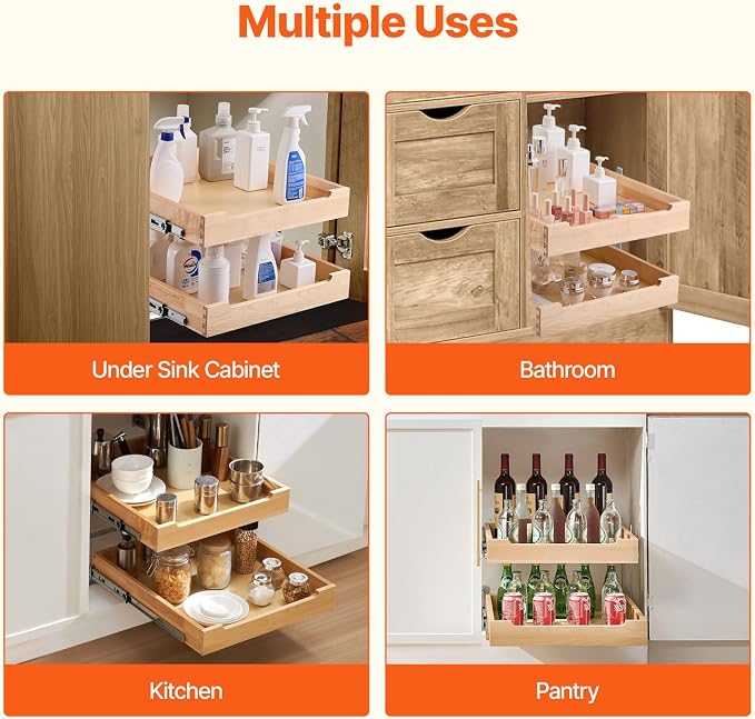 VEVOR 2 Tier Pull Out Cabinet Organizer, 20" W x 21" D Cabinet Drawer, Soft Close Slide out Shelf, Heavy-Duty Sliding Wood Drawer, Adjustable Base Cabinet Organization for Kitchen Pantry Bathroom