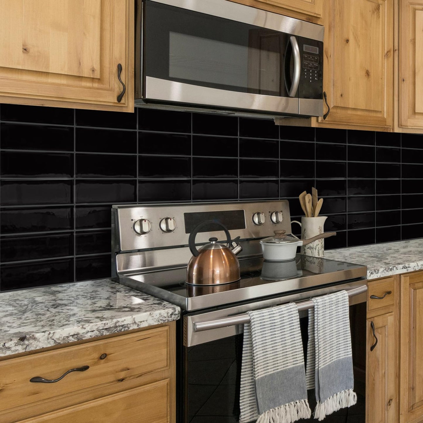DEWOO Black Rectangle Peel and Stick Subway Backsplash Self Adhesive Wall Tile Stickers for Kitchen Bathroom Brick (10-Sheet, 12"×12")