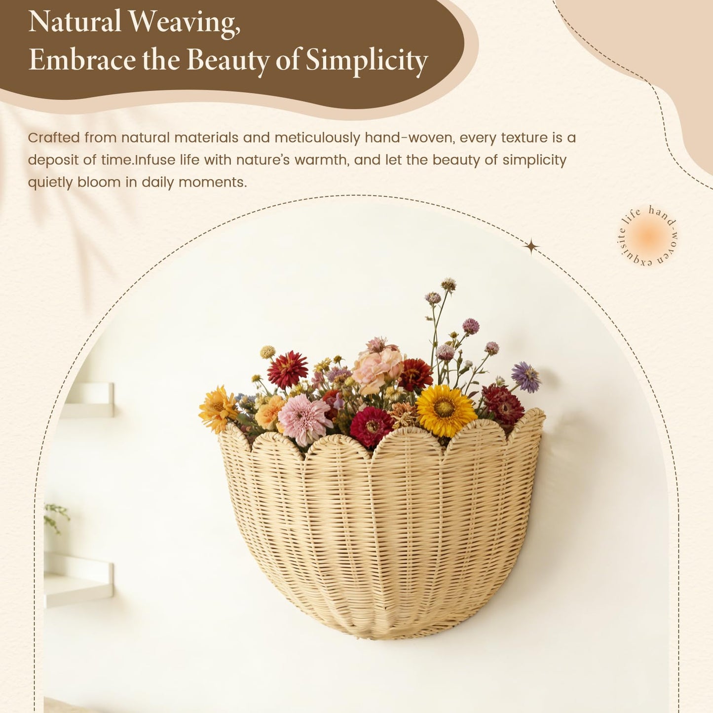 Natural Handwoven Scalloped Wall Basket Set of 2, Premium Rattan Wicker Wall Hanging Organizer for Boho Home Decor, Decorative Wall Storage for Bathroom, Entryway, Living Room & Craft Room