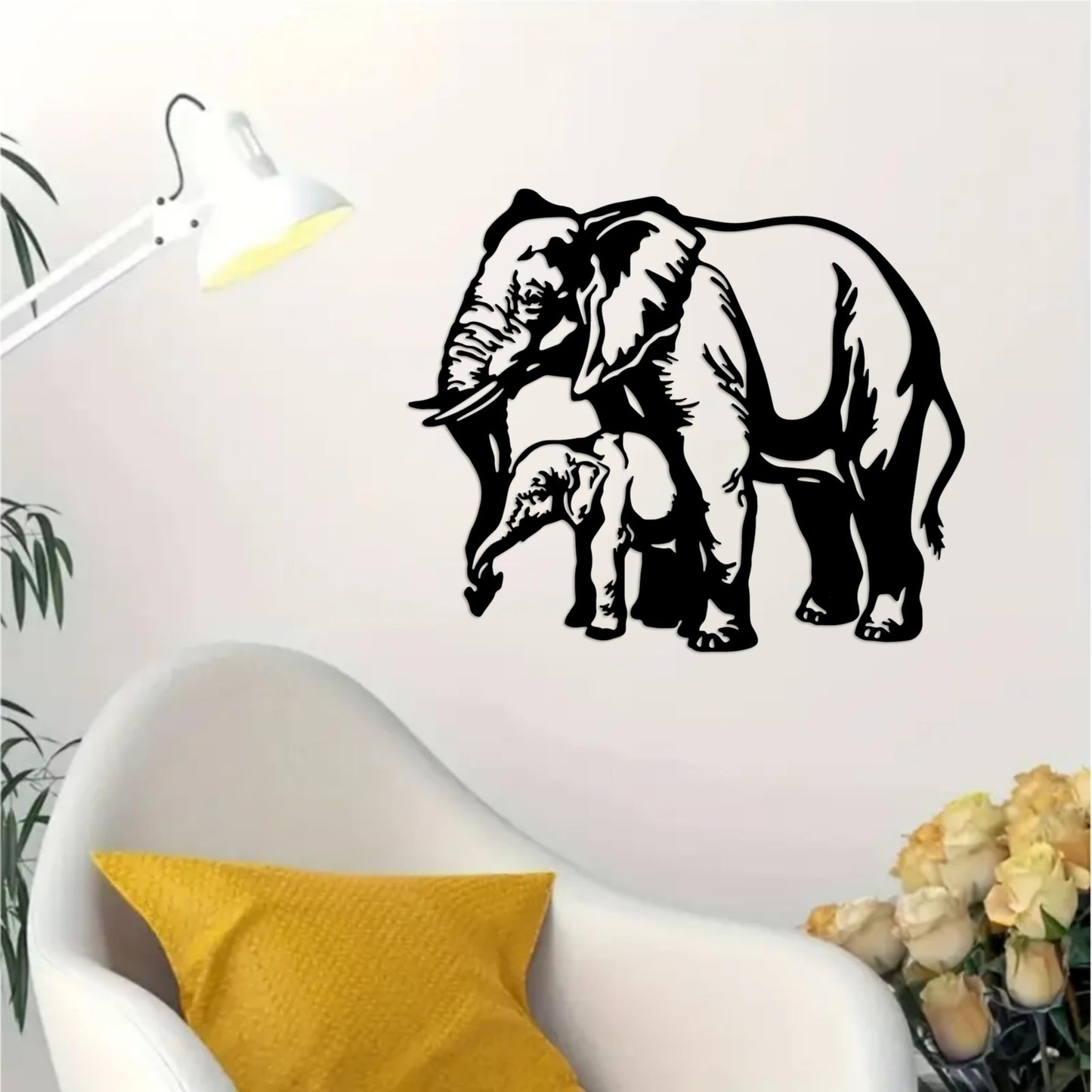 DUOOLN Metal Elephant Wall Decor Art, African Safari Mother-and-Calf Elephant Mural, Modern Animal-Themed Sculpture Painting, for Living Room, Bedroom, Office, Indoor/Outdoor Decor or Gifts-13.7*11.4in