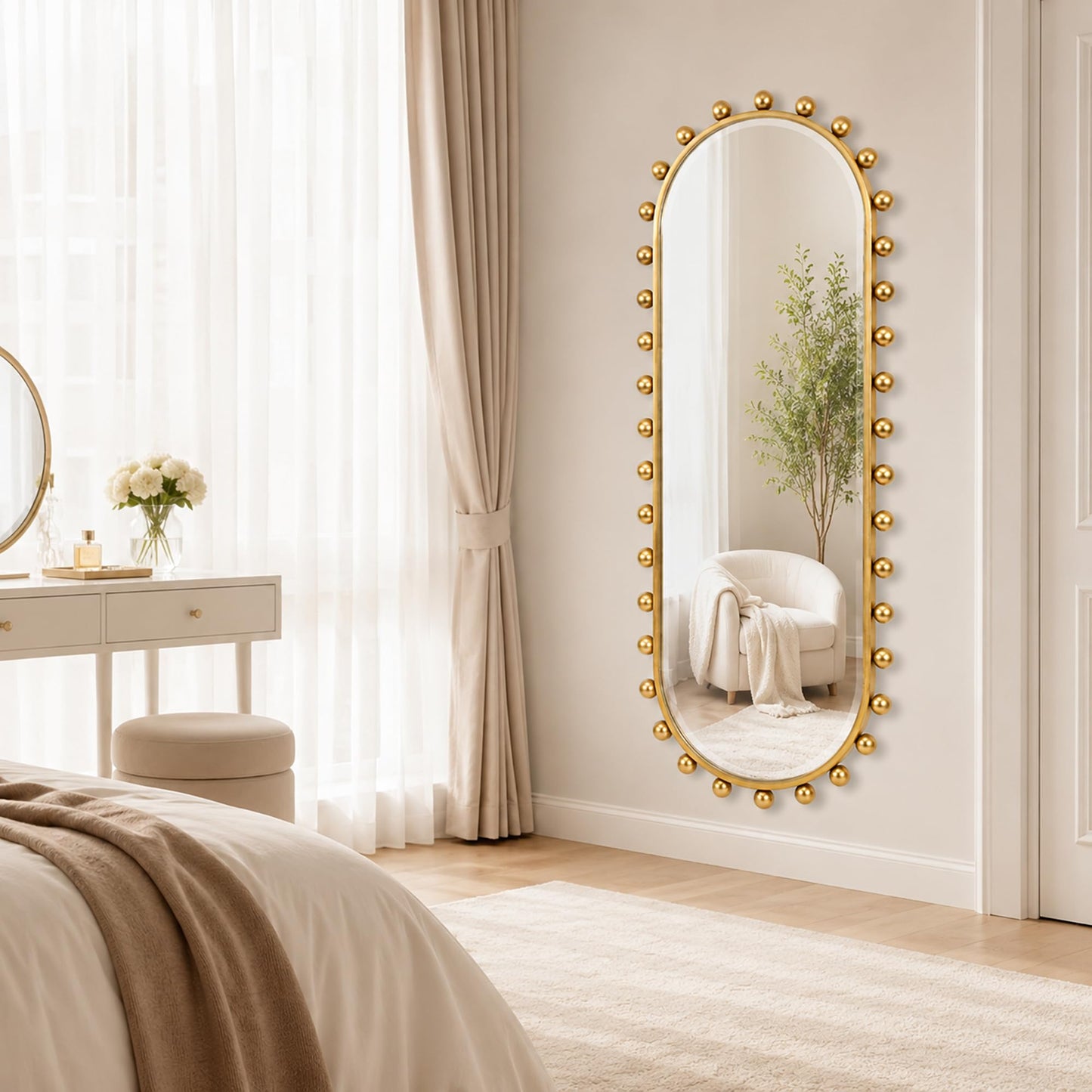 CAVINHOME Oval Full-Length Wall Mounted Mirror 20" x 51", Antique Gold Beaded Beveled Mirror with Ball Frame, Vertical & Horizontal Hanging Wall Mirror for Bathroom, Bedroom, Dressing Room, Entryway
