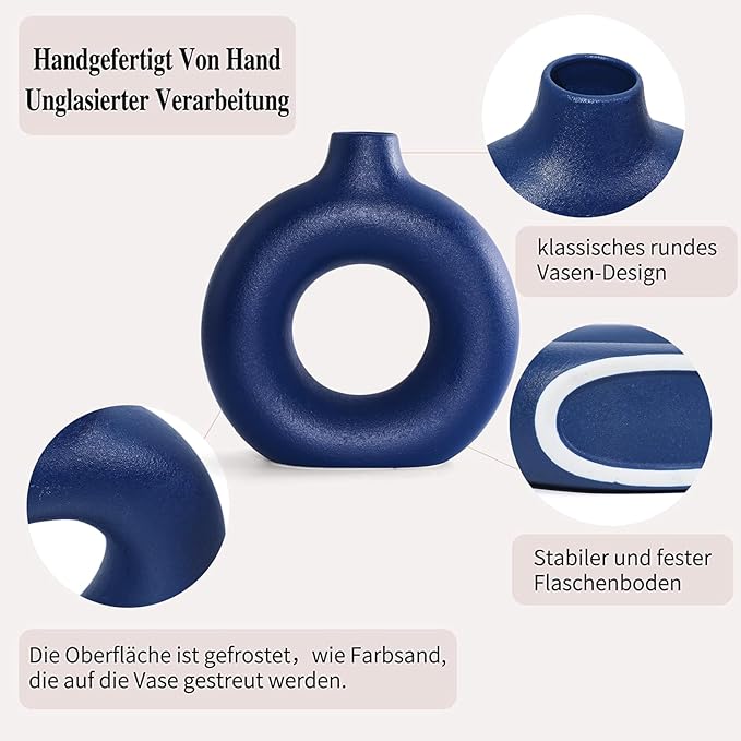 Blue Ceramic Donut Vase Set of 2, Hollow Round Matte Pampas Flower Vases for Boho Home Wedding Party Room Dinner Table Shelf Decor.（Blue）