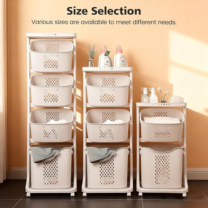 BAOKALER 4-Tier Laundry Hamper Sorter, Vertical Rolling Laundry Baskets with Wheels Removable, Stackable Laundry Cart Organizer and Storage for Small Space, Dorm, Closet, Bathroom