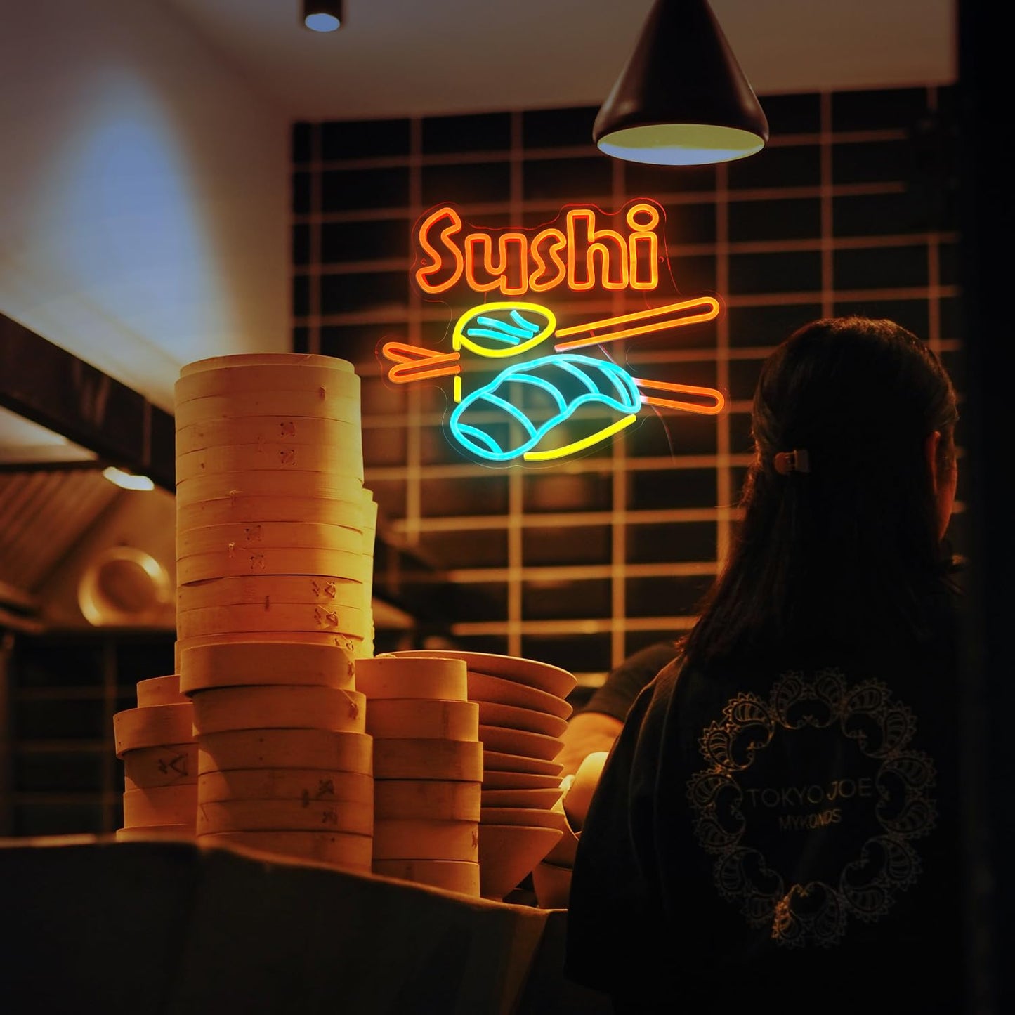 Dimmable Sushi Neon Sign 16.5 * 12.6 Inch LED Sushi Light Up Sign For Wall Decor USB Powered Japanese Neon Light for Sushi Shop Restaurant Home Kitchen Party （Yellow Ice Blue Orange）