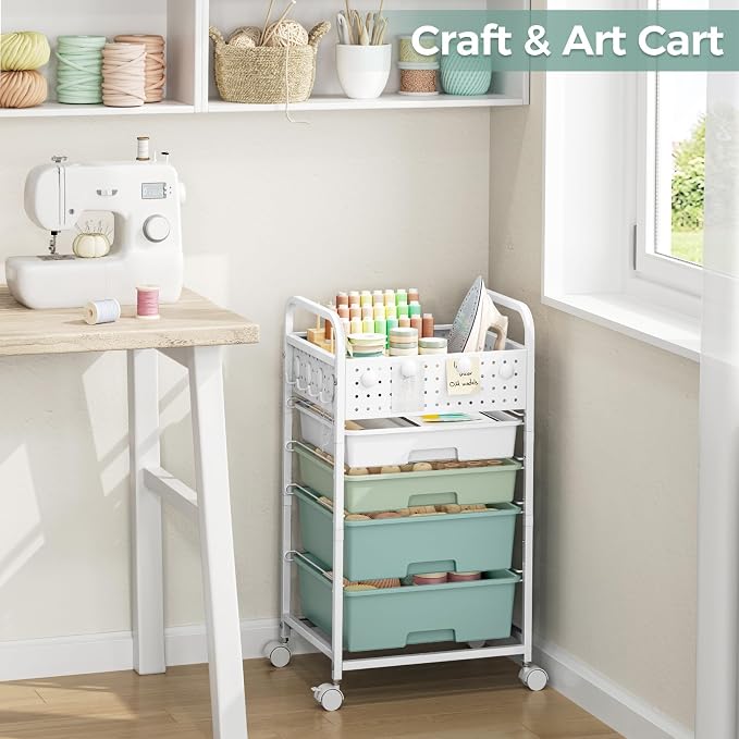4 Drawer Rolling Storage Cart with Pegboard Top and Hooks, Mobile Organizer Cart with Wheels for Office Supplies, Craft Storage, Classroom Organization, Home Utility Cart, Gradient Green