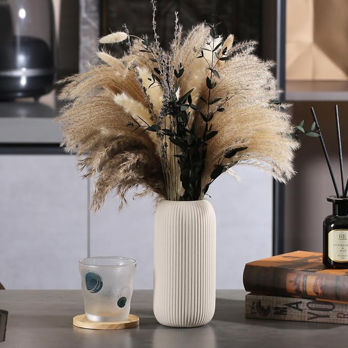 Bohemian Beige Ceramic Vase - for Pampas Grass, Mantel, Bookshelf, Entryway and Living Room Decor (Beige, 8in-Pill)