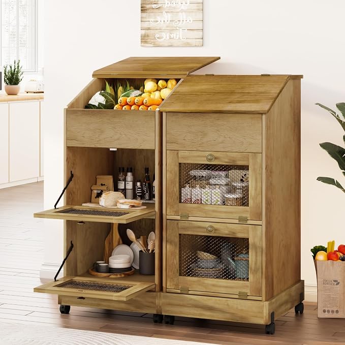 Potato Storage Bin, Wooden Bread Bins with Wheel, Movable Onion Storage Bin, Decorative Vegetable Storage Box for Kitchen Pantry, Brown