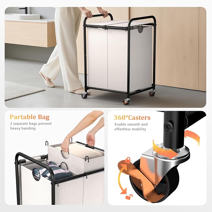 120L (31.7 Gal) Laundry Sorter 2 Section, Rolling Laundry Basket with Lockable Wheels and Lid, Laundry Hamper with 2 Separated Removable Bags Dirty Clothes Hamper for Laundry Room Organizer, White