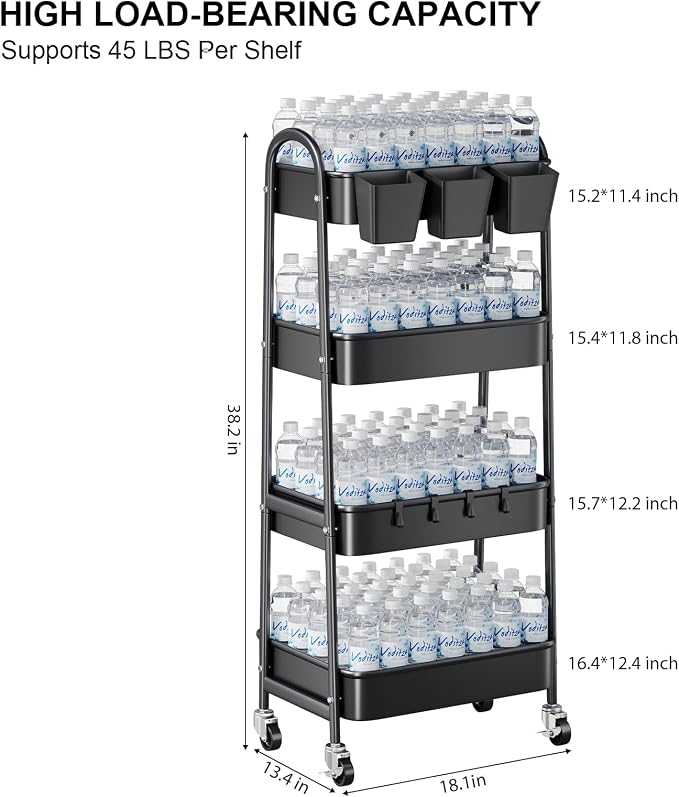 Black 4 Tier Rolling Cart Metal with Lockable Wheels, Four Tiered Tall Storage Rolling Cart on Wheels, Heavy Duty Utility Organizer Carts for Laundry, Kitchen, Dorm, Craft, Art, Snack,Mesh Basket,38in