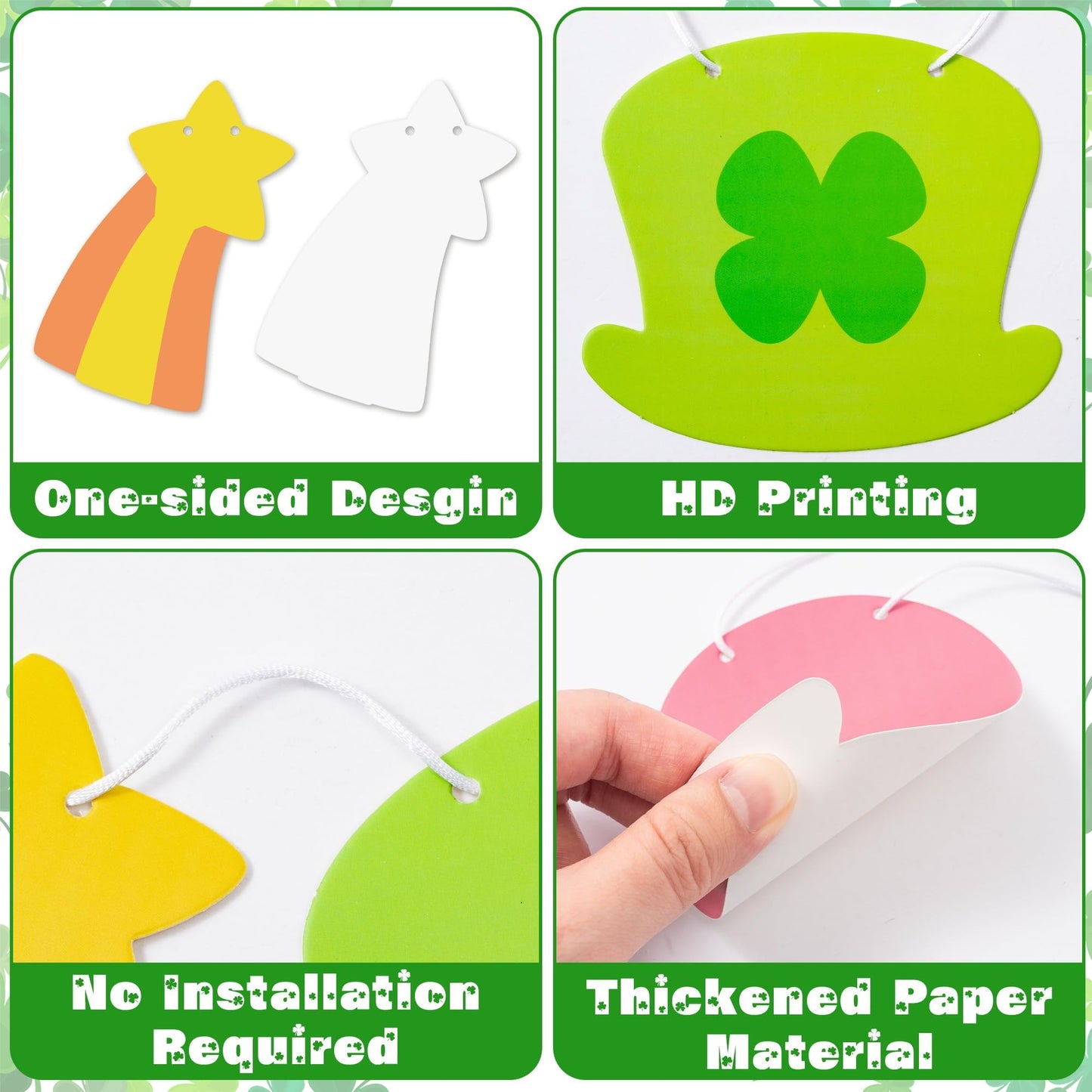 Qimgic St. Patrick's Day Banner - 4pcs Lucky Charms Hanging Garland Decoration, No DIY Needed Green Shamrock Clover Party Supplies Hang Paper Bunting for Home Classroom Fireplace Wall 8.5 Feet