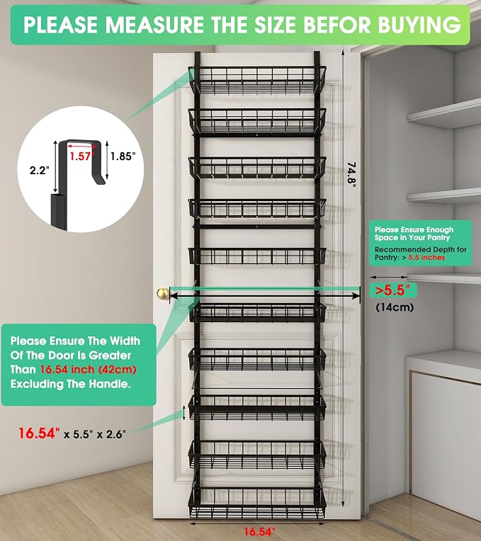 Mefirt 10-Tier Over The Door Pantry Organizer, Pantry Organization and Storage, Black Metal Hanging Adjustable Basket, Wall Spice Rack Seasoning Shelves, Home & Kitchen Essentials
