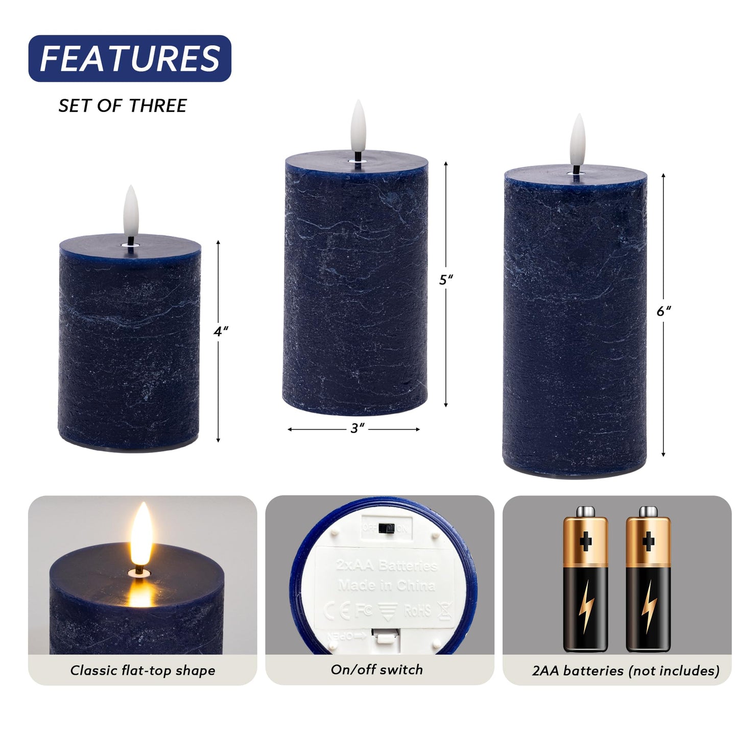 AFINETH Navy Blue Flameless Candles, Real Wax Battery Operated Candles with Remote, Flat Top Flickering LED Pillar Candles for Home Party Wedding Holiday Decor, Set of 3 (H 4" 5" 6" x D3)