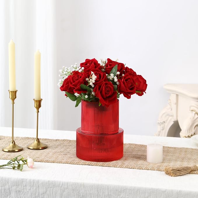 Ribbed Glass Vase, Flower Vase, Fluted Red Vases for Flowers, Modern Vases for Living Room, Dining Table, Entryway, Shelf, Wedding, Office, Coffee Table, Birthday, 7.5 Inches