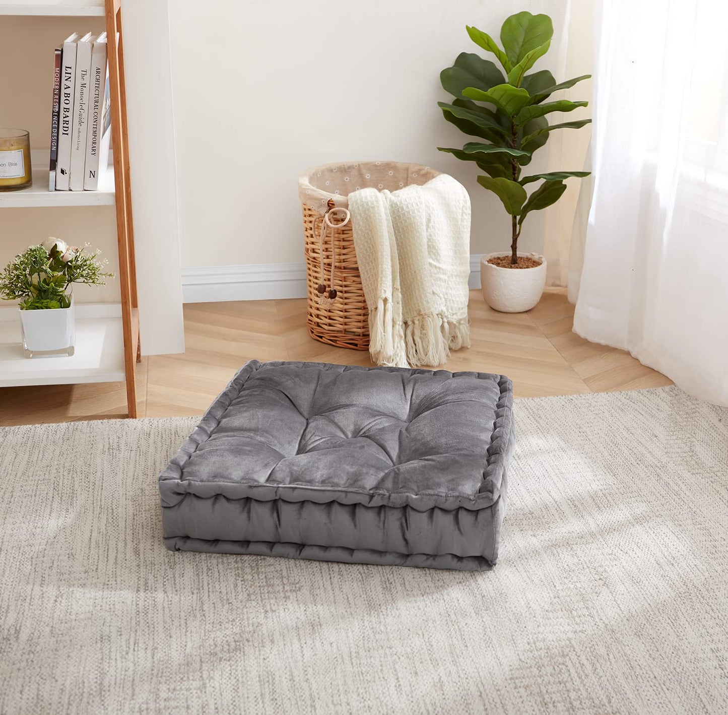 Sweet Home Collection Floor Pillow Large Square Tufted Decorative Cushion. Faux Velvet Fabric Ultra Thick Fill for Kids and Adults, Gray (Pack of 1)