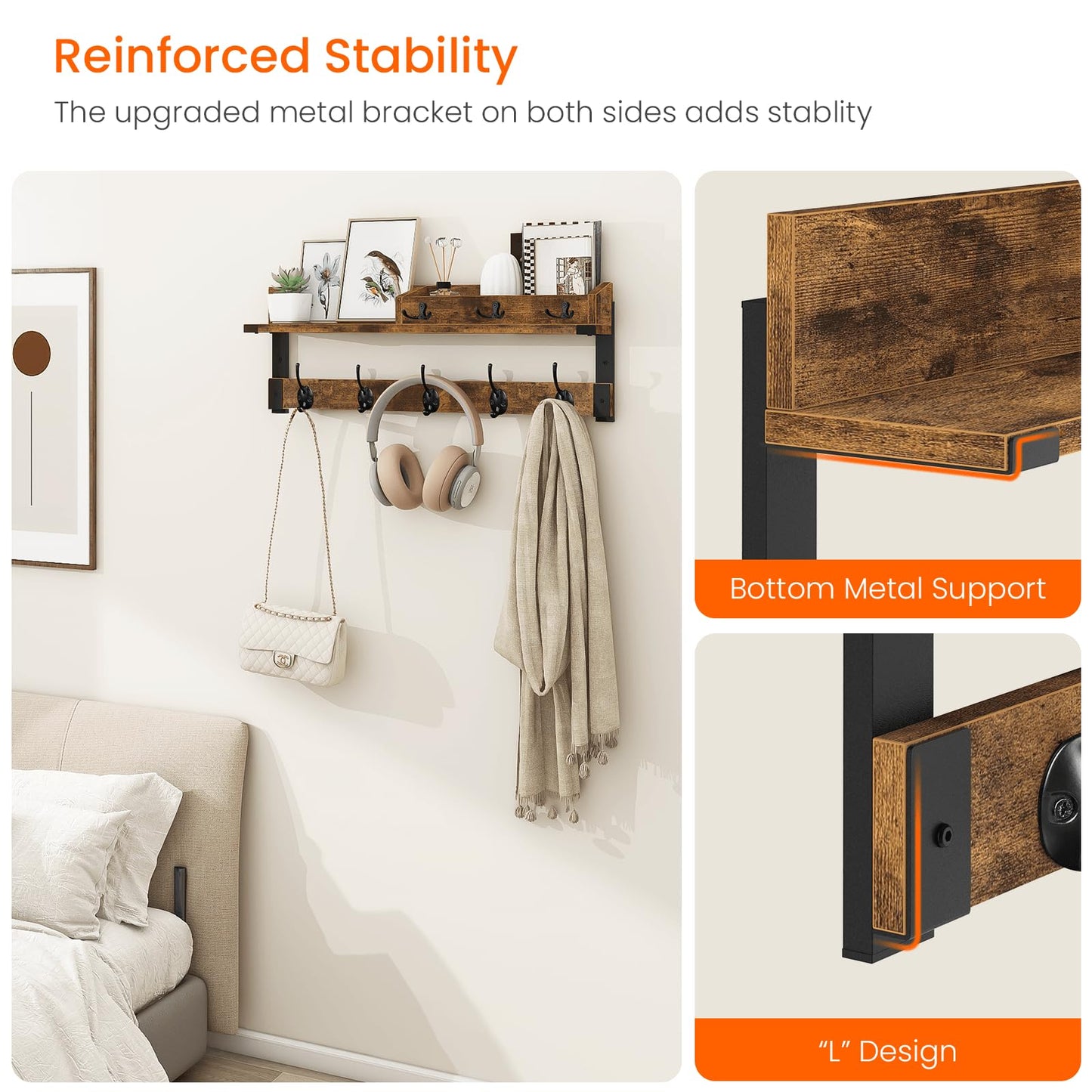 Homode Coat Rack with Shelf, Wall Shelf with Hooks, 26 Inch Long Coat Hanger Wall Mount with Key and Mail Holder, Wood Entryway Shelves for Hanging Hat Jacket Backpack Purse, Rustic Brown Black