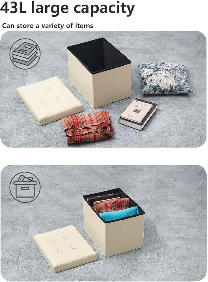 Bsketa Storage Ottoman, Folding Foot Stool with Thicker Foam Padded Seat Small Leather Storage Ottoman Bench Foot Rest for Living Room Foldable Coffee Table 17x13x13in,Beige