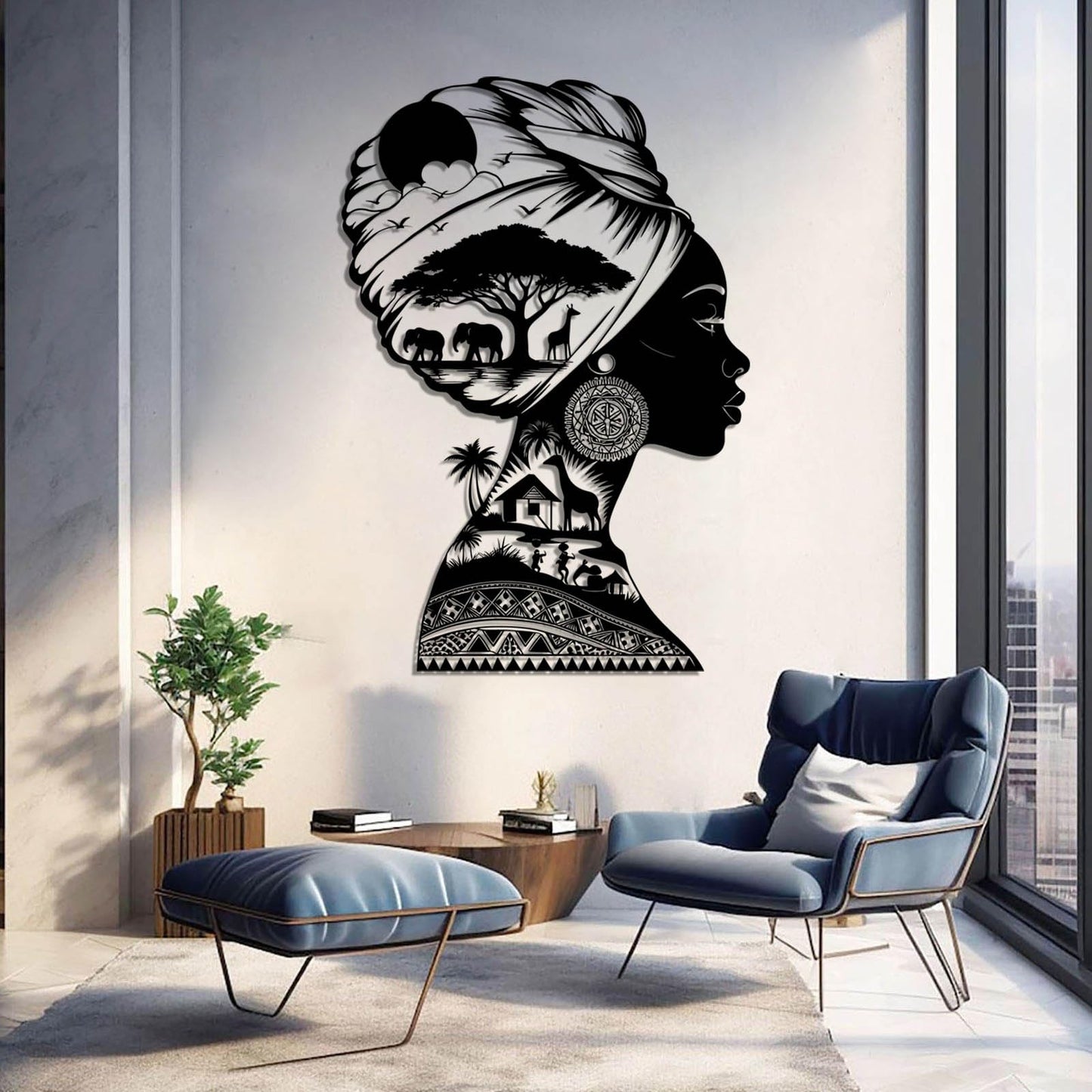 EUSTUGO African Woman Metal Wall Art, African Animals Metal Wall Art, Africa Jungle Wall Decor, Safari Decor, Black Women Silhouette Home Decoration for Living Room (Gold 1, 48"x33"/121x83cm)
