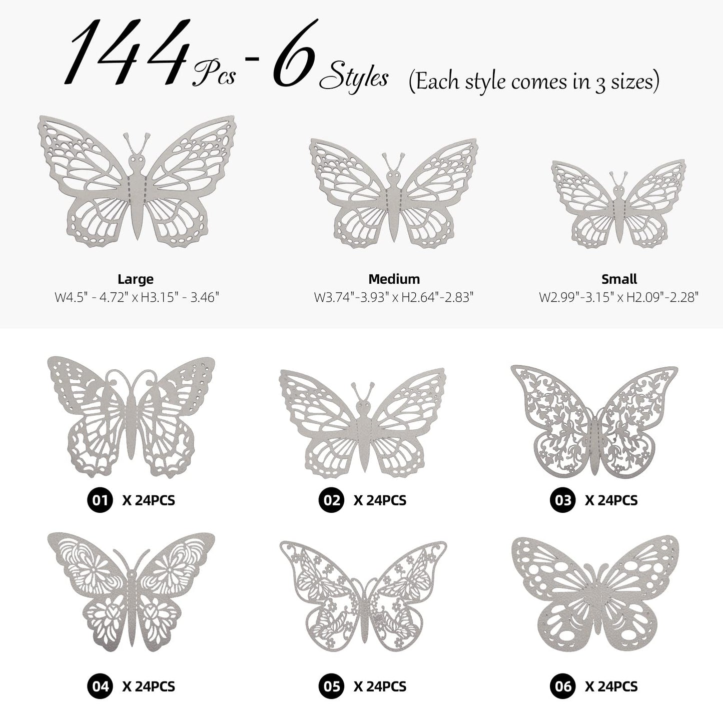 144 Pcs 3D Butterfly Wall Stickers Decor 6 Styles 3 Sizes, Silver Removable Butterfly Decals Room Wall Decor for Kids Nursery Classroom, Wedding, Party, Baby Shower