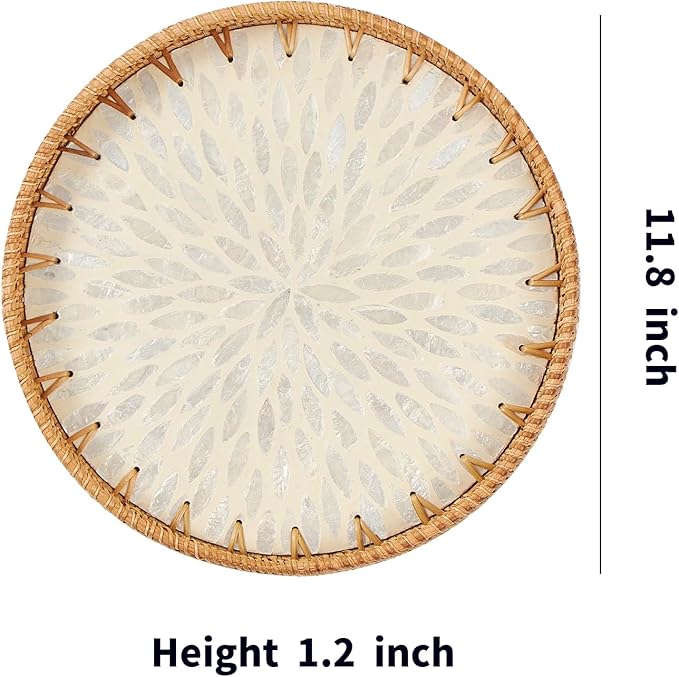 Kmelep Round Rattan Tray with Mother of Pearl Inlay, Rattan Serving Tray with Wooden Base, Decorative Wicker Basket for Table Decor, Storage and Display of Coffee Bread Food Fruit (Leaf 2)