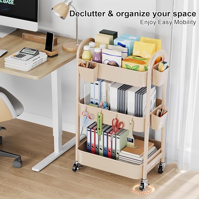 Beige 3 Tier Rolling Cart Metal on Wheels, Three Tiered Storage Organizer Utility Trolley with Wheels for Art, Craft, Baby Diaper Caddy, Snack, Book, Nail, Lash, Cleaning Supplies, Kitchen, Bathroom