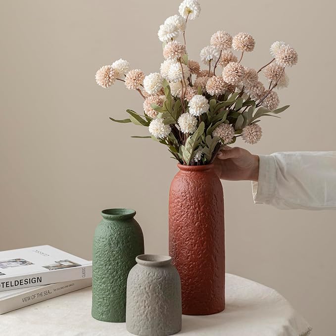 Large Decorative Ceramic Vase Set, 3 Pieces, Nordic Modern Boho Style, Earthtone Color Mix, Modern Farmhouse for Home Decor (XL Red Texture Mix)