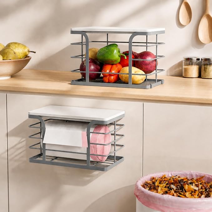 2 Pack Trash Bag Holder,Stackable Storage Kitchen Laundry Organizers with Bamboo Top,Garbage Bag Dispenser for Countertop Organization,Gray