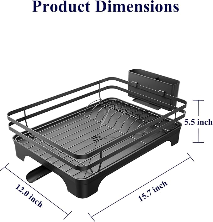 Kitsure Dish Drying Rack - Multi-Functional Dish Rack for Kitchen Counter with Cutlery Holder, Rust-Proof Storage Solution with Rotatable, 15.7" x 12.0" x 5.5", Black