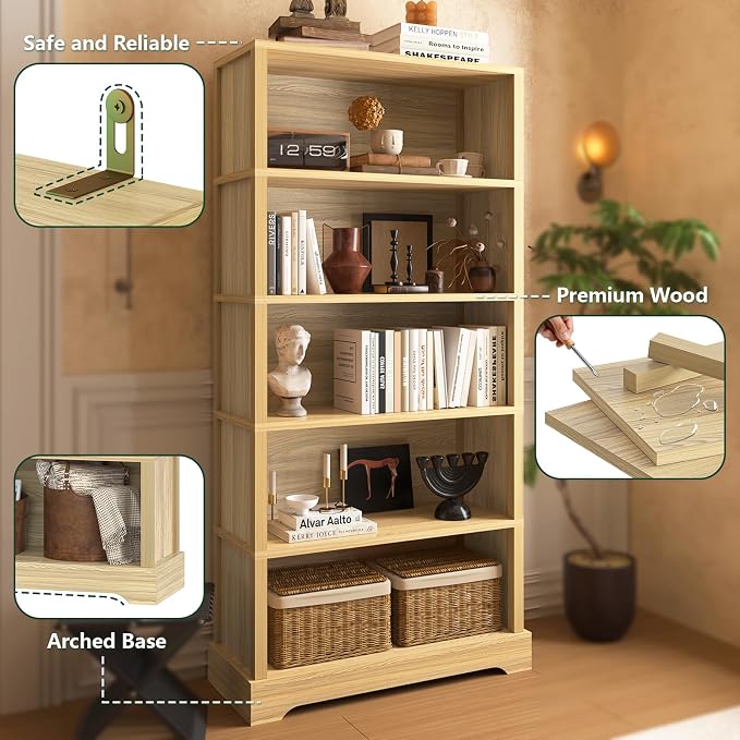 TVU 5-Tier Wooden Bookshelf, 65" Tall Farmhouse Style Open Bookcase, 31.5" W Standing Book Shelf with Storage, Suitable for Study, Living Room, Office, Natural Wood Color
