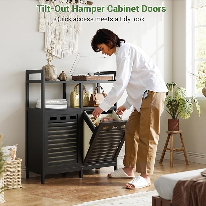 Homykic Tilt Out Laundry Hamper Cabinet, Bamboo Double Laundry Hamper with 2 Removable Laundry Baskets, 20 Gal Laundry Sorter Organizer with Shelf for Dirty Clothes, Bathroom, Laundry Room, Black