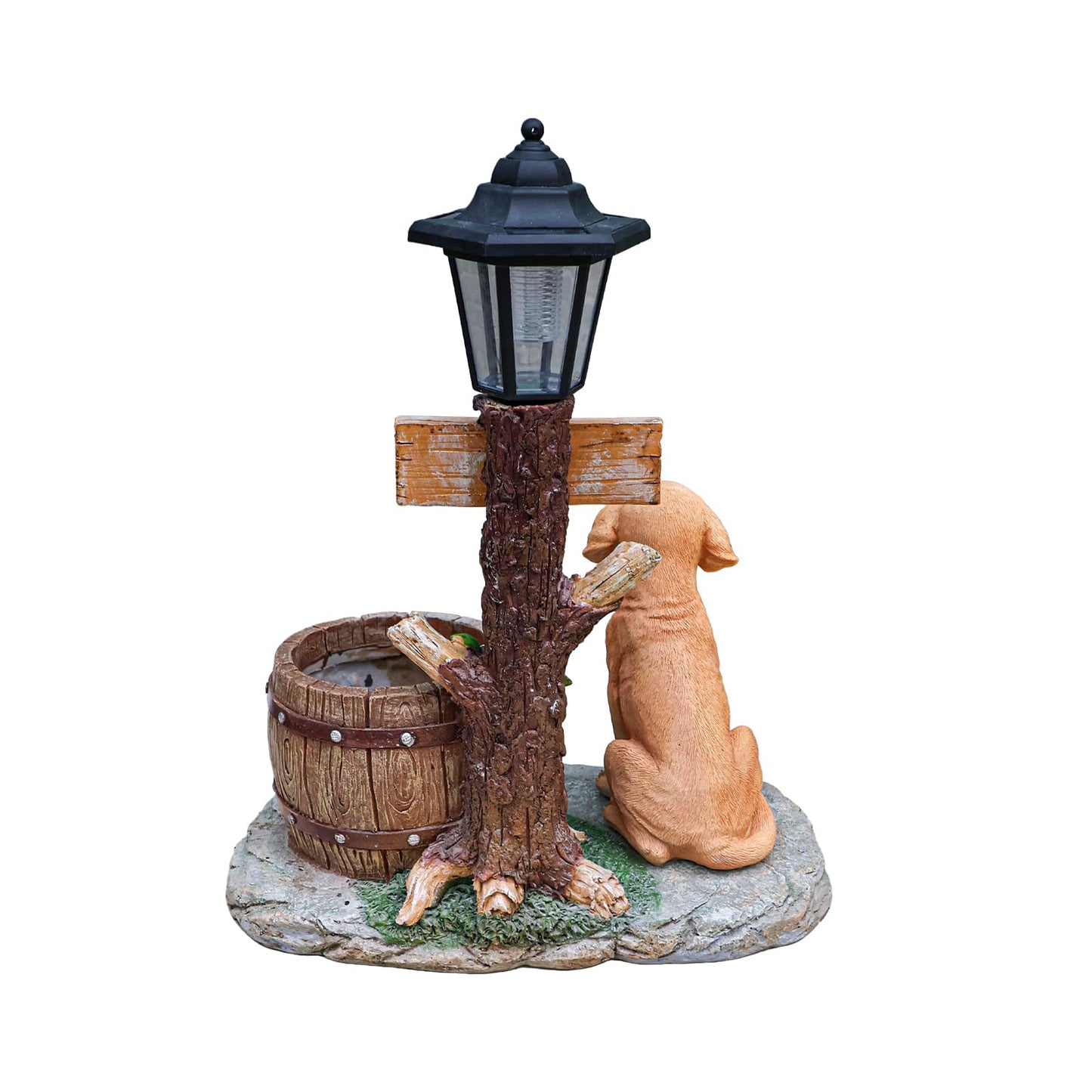 UNOIRNM Golden Retriever Puppy Garden Statue - with Solar Light and Wood Barrel Planter, 18.5" Tall Welcome Dog Figurine for Lawn Decor, 9.3 lbs Durable Resin Outdoor Ornament, 15.4" Length