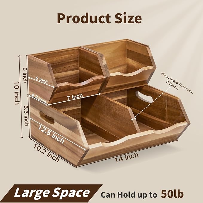 Acacia Wood Pantry Storage Bins, Stackable Storage Baskets Potato and Onion Storage Bins, Pantry Organizer Wooden Baskets Organization and Storage, Set 3 Pieces