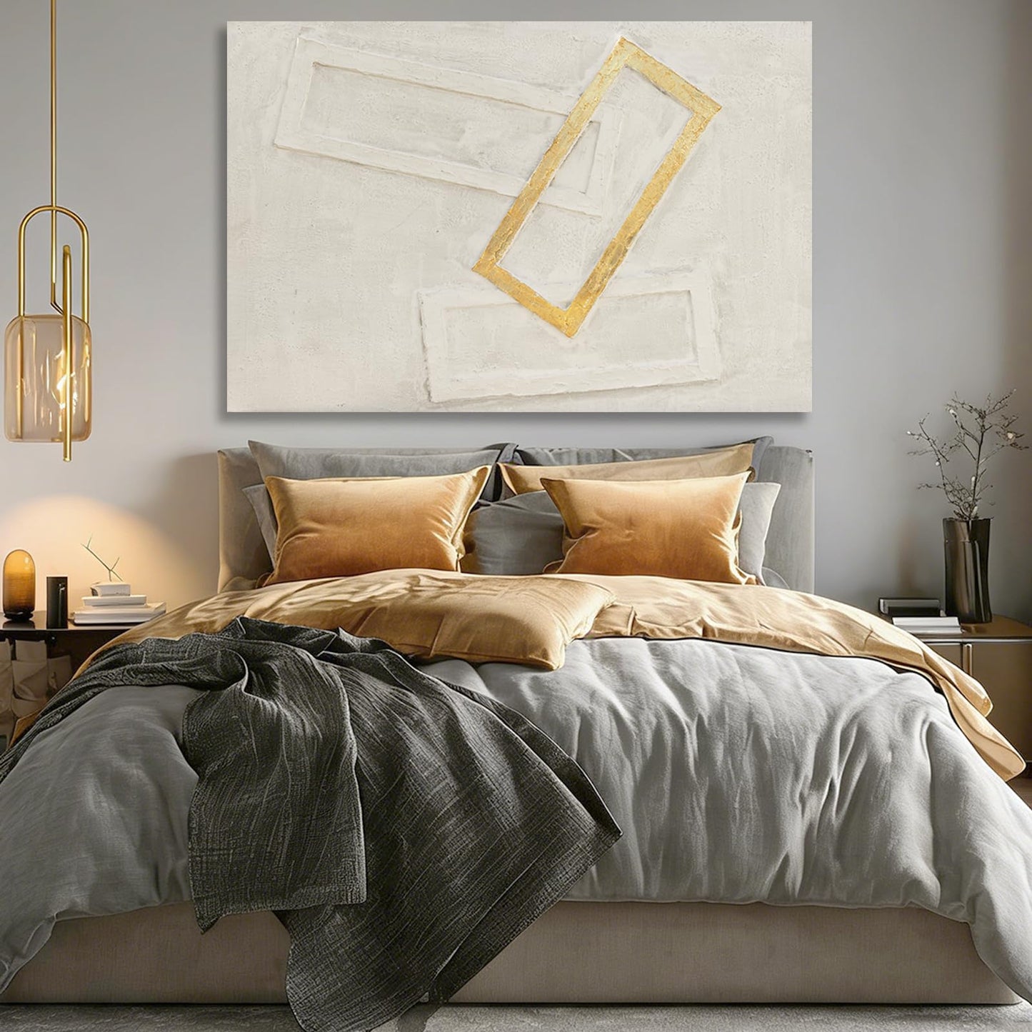 Dolidoteart White Gold Beige Canvas Wall Art, Hand Painted Oil Painting, Large Abstract Wall Art for Living Room, Modern Textured Horizontal Wall Decor for Bedroom Office, 32x48 Inch
