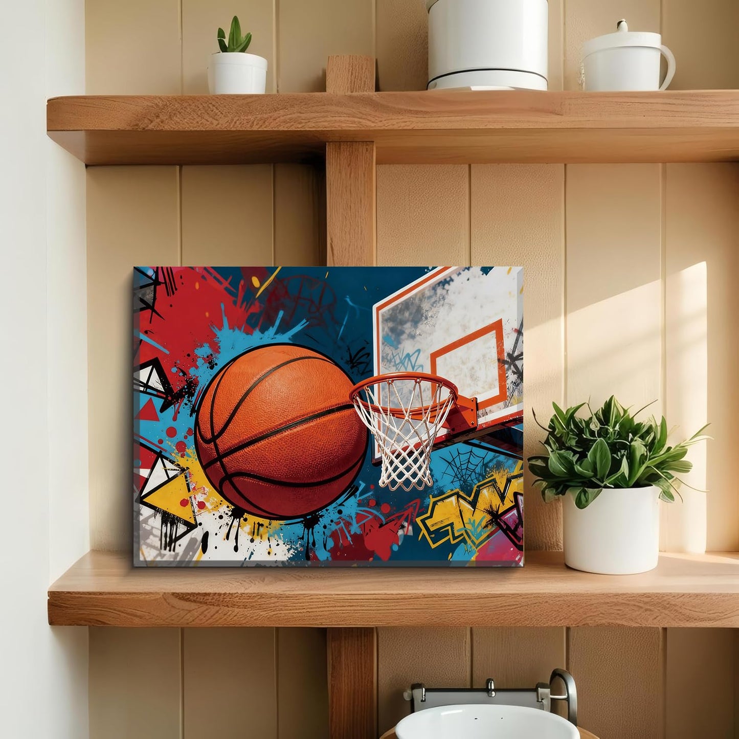 Framed Graffiti Basketball Wall Art - 12x16 Inch Vibrant Sports Canvas Poster for Room Decor