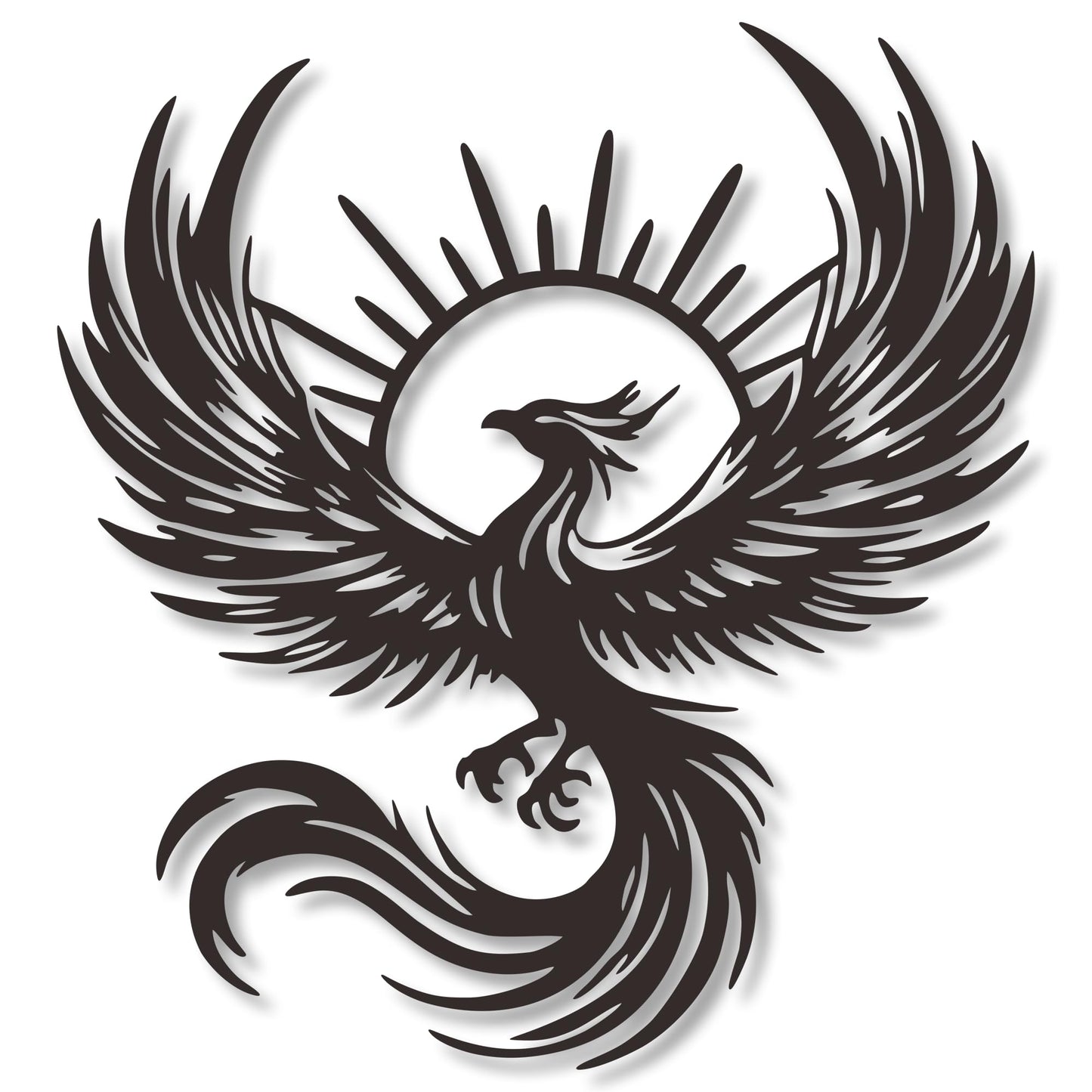 Rajukit Phoenix Art Metal Wall Decor, Phoenix and Sun Design 11.8x11 inches. Durable black metal. for living room, bedroom. Phoenix statue silhouette with sun rays.