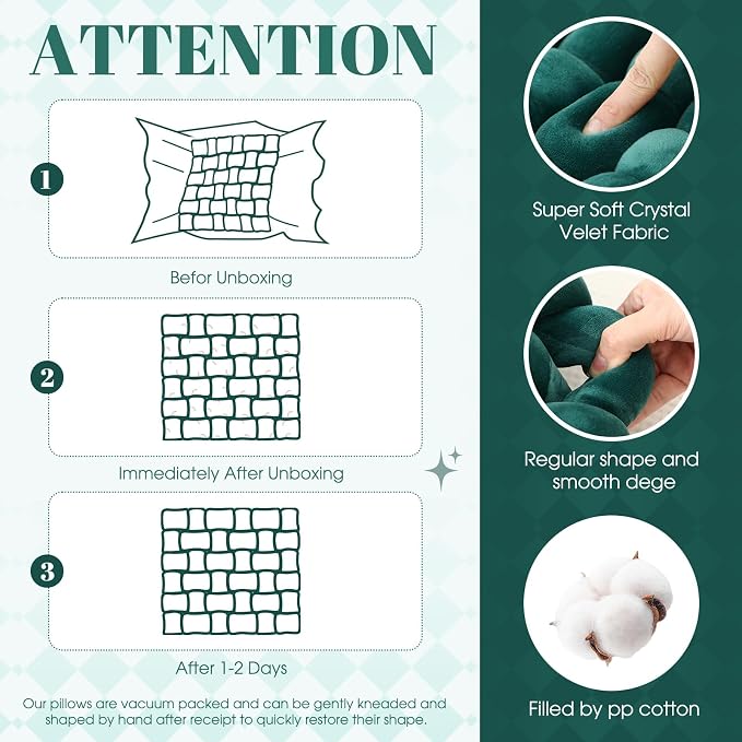 Wenqik 2 Pcs Knot Pillows Square Knotted Plush Throws Soft Accent Pillows Decoration Cushion for Couch Home Office Living Room Bedroom Bed Sofa Decor, 12'' x 13''(Dark Green,Crystal Velvet)
