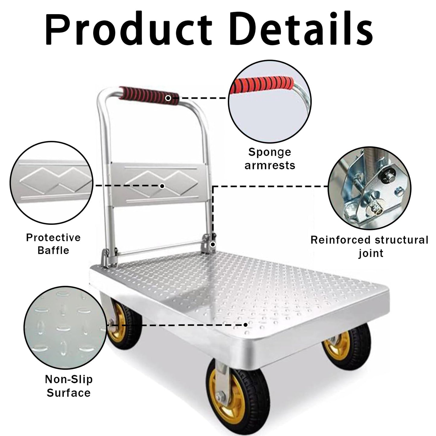 Heavy-Duty Metal Platform Cart - Flatbed Trolley with 360° Swivel Wheels and Folding Handle for Supermarkets, Warehouses, and Garages