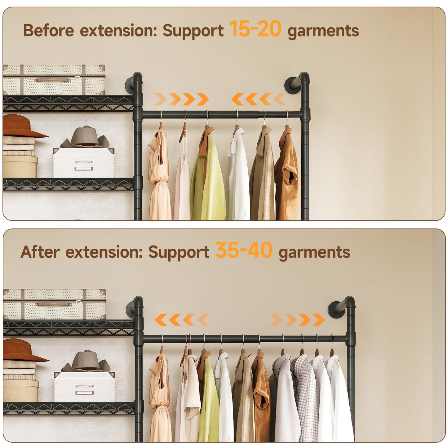ONBRILL L7 Wall Mounted Industrial Pipe Clothing Rack – Heavy Duty Modular Closet System with 9 Hanging Rods (6 Expandable) & 10 Adjustable Shelves, Corner Garment Rack, Large Wardrobe - Black
