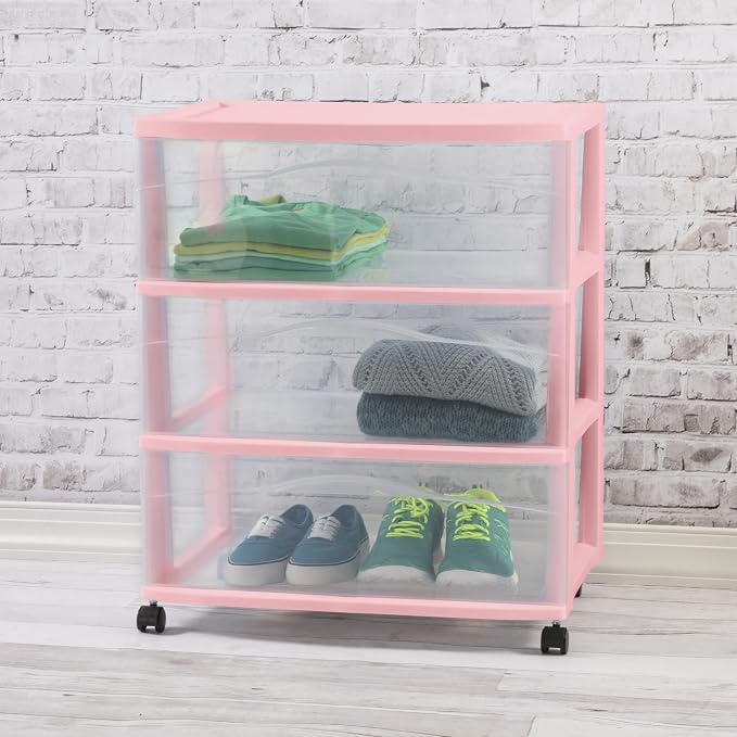 Sterilite 3 Pack Wide 3 Drawer Storage Cart, Rolling Organization, Pink | Clear Plastic Organizer Drawers with Wheels for Craft Supplies, Bath Essentials, or Home Accessories