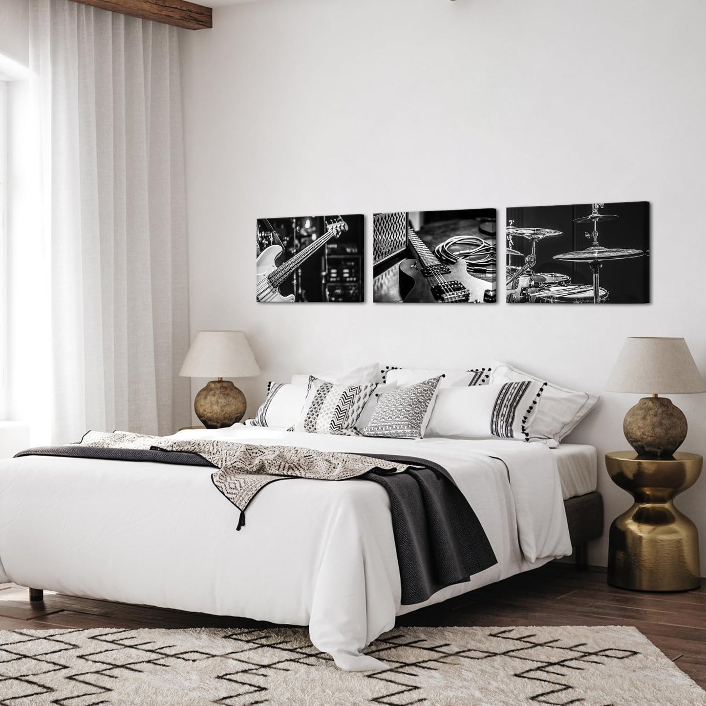 OuElegent Music Instrument Canvas Wall Art Rock and Roll Band Painting Black and White Guitar Drums Picture Prints Artwork for Home Decor 16"x24"x3 Pcs