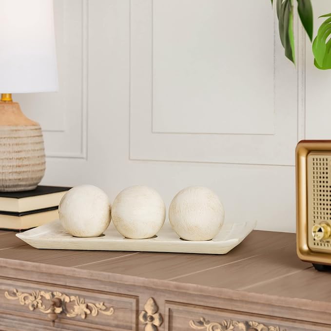Creative Scents Rustic Luxe Decorative Tray and Orb Set - Centerpiece Table Decorations for Coffee Table Decor - Modern Farmhouse Decor - Decorative Accents Bowl with Balls for Dining Table Decor