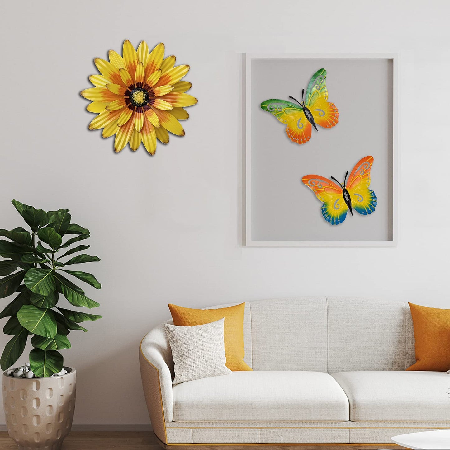 Meduofon Metal Flowers Wall Decor and Butterfly Wall Art, 3 Pack Metal Outdoor Wall Art Decor, Fence Art Wall Sculptures for Indoor Outside Garden Patio Decorations (Yellow&Green)
