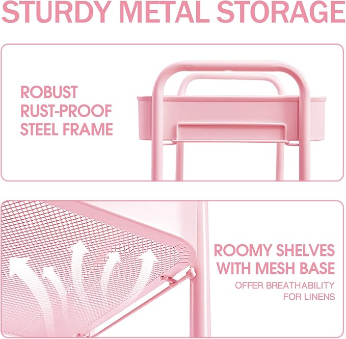 TOOLF 3-Tier Rolling Cart - Metal Utility Storage Organizer with Lockable Wheels, 33 lbs Per Shelf, Tool-Free 5-Min Assembly, for Kitchen Bathroom Office Nursery Craft Room, Pink