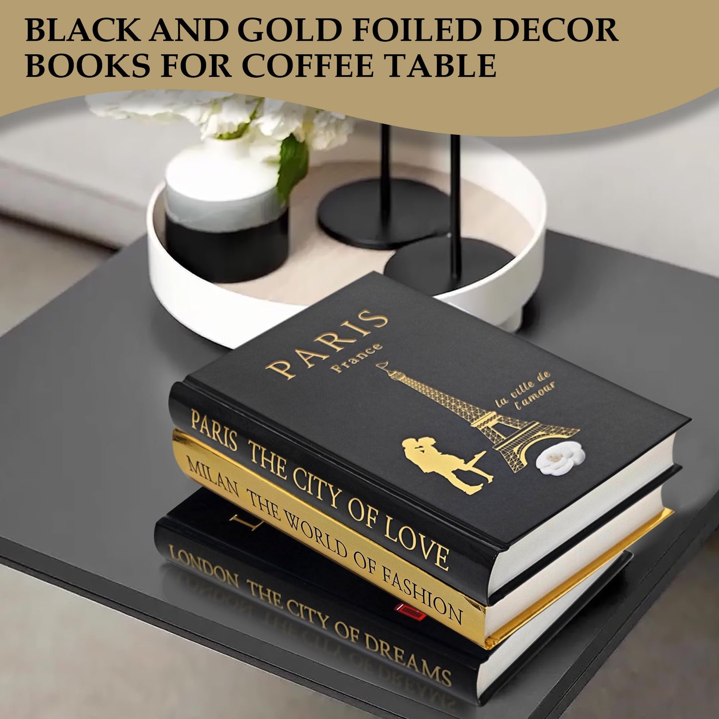SIMPLIFY ASTHETIC - Decorative Books Set of 3 with Golden Garland Bead - Decorative Books for Coffee Table, Home Decor - Designer Books Decor Set - Faux Books for Bookshelf