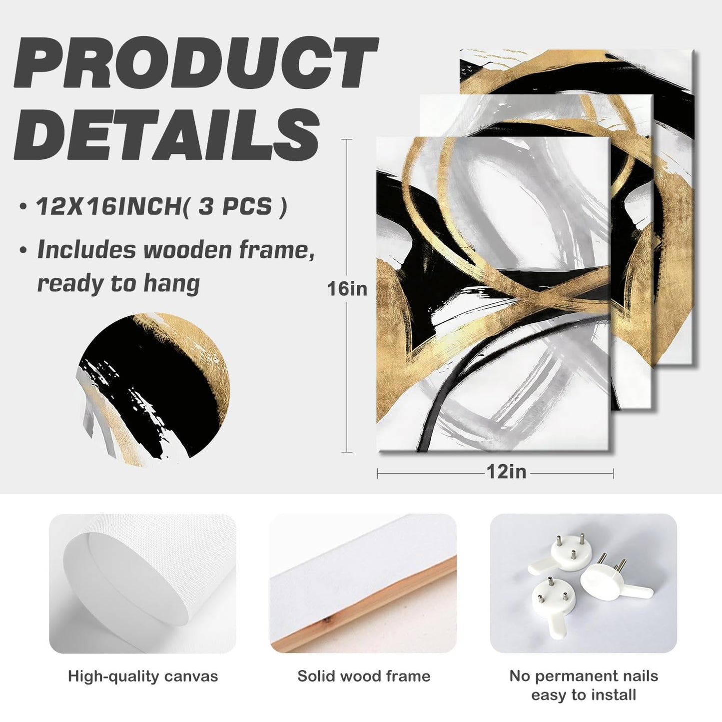 LYYGLYY 3Pcs Framed Black and Gold Canvas Wall Art for Living Room, Abstract Black and Gold Poster Print Wall Decor, Modern Minimalist Line Artwork for Office, Home, 12x16 Inches