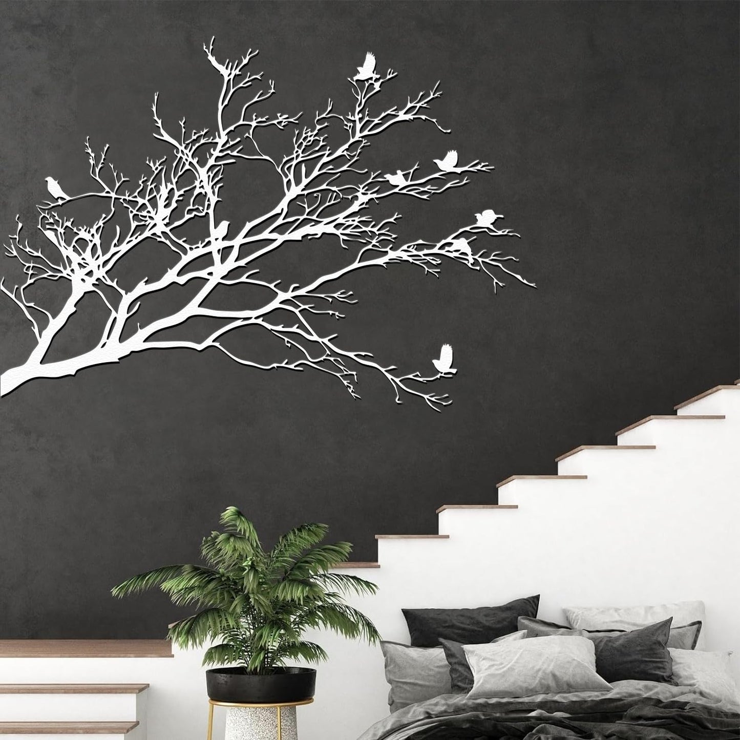 XXQ Branch and Birds Metal Wall Art – Flying Birds on Tree Branch Silhouette, Black & White Finishes, Nature Inspired Wall Decor for Living Room, Bedroom, or Hallway (White, 31" x 22" / 80 x 56 cm)