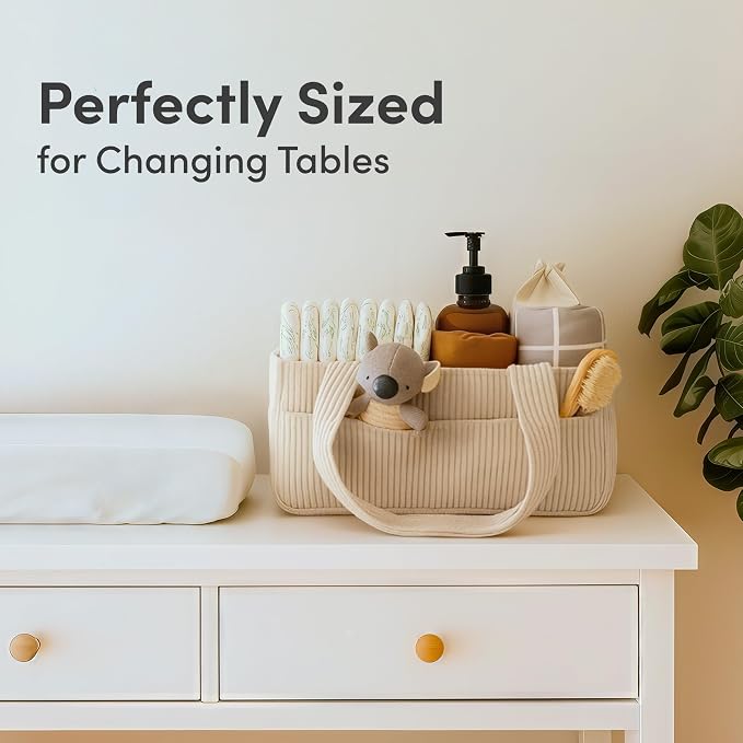PUTSKA Baby Diaper Caddy Organizer for Changing Table – Stylish Nursery Storage Basket, Newborn Essentials, Baby Shower Gifts and Registry Must-Haves for Boy or Girl, Car Diaper Caddy, Corduroy Cream