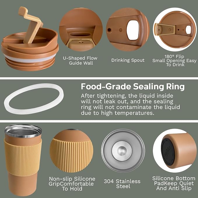 YINBAOGE Upgraded Insulated Travel Coffee Mug, Spill Proof & Leak Proof, Portable Camping Stainless Steel Tumbler, Reusable Thermal Coffee Cup with Lid for Hot & Cold Drinks (4th-khaki, 15OZ)